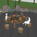 Roof Garden with Round Table Tree Stump Stools Purple Flowers Rocks and Grilled Food
