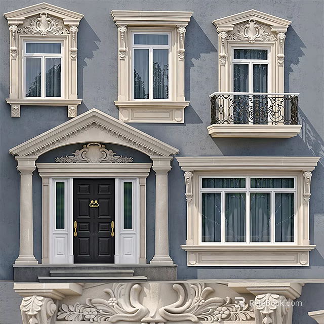 Classic Exterior Gray Facade With Decorative Casement Windows And Black Door 3d model 