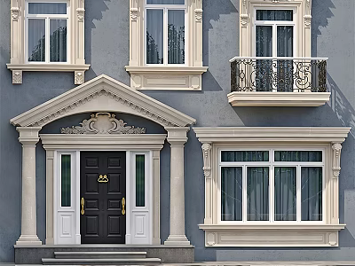 Classic Exterior Gray Facade With Decorative Casement Windows And Black Door 3d model