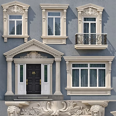 Classic Exterior Gray Facade With Decorative Casement Windows And Black Door 3d model