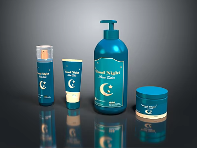 Luna Night Skincare Products With Blue Packaging Moon And Star Logo Bottle Tube Jar 3d model