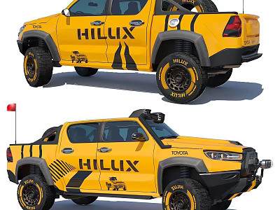 Yellow Toyota Hilux Pickup Truck With Black Wheels Body Logos And Off Road Design 3d model