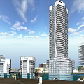 Modern Tall Office Building Architecture With Surrounding Buildings And Water Feature