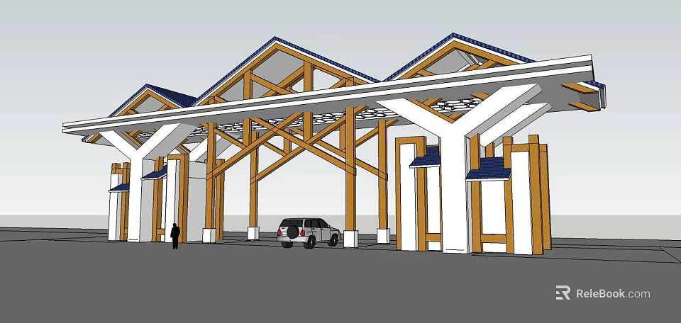 Wooden Frame Entrance Gate With Gabled Roof And White Pillars For Vehicle Access 3d model 