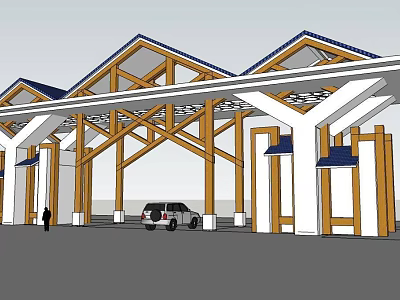 Wooden Frame Entrance Gate With Gabled Roof And White Pillars For Vehicle Access 3d model