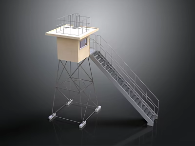Scenic Landscape with Watchtower Metal Frame Yellow Top Cabin and Metal Staircase on Gray Background 3d model