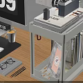 Organized Office Desk Setup With Desk Organizer Glass Cups Pink Label Clock Display And Supplies