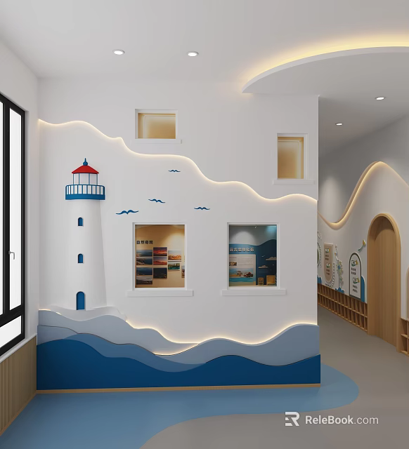 Colorful Kindergarten Interior With Lighthouse Decor Wave Shaped Walls And Display Windows 3d model