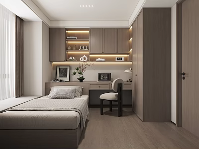 Modern Minimalist Tatami Bedroom With Built in Cabinets Study Desk And Shelf Lighting 3d model