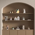 Decorative Ornament Set on Arched Wooden Shelves with Rabbit House Astronaut Mushroom Star and Books