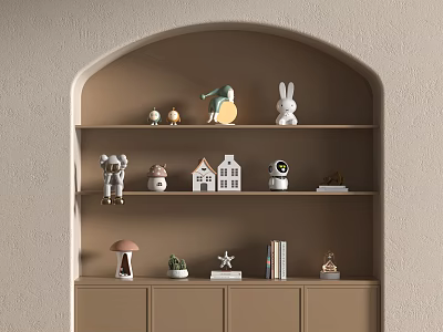 Decorative Ornament Set on Arched Wooden Shelves with Rabbit House Astronaut Mushroom Star and Books 3d model