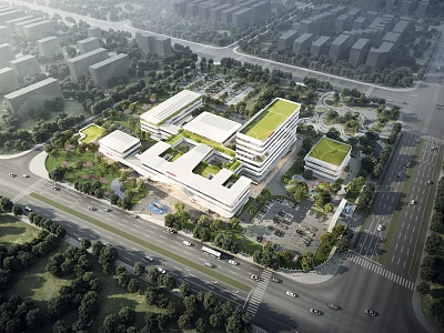 Modern Architectural Complex With Green Roofs And Urban Surrounding Landscape 3d model