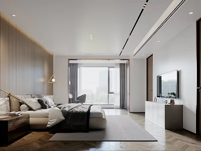 Modern Bedroom Interior Design With Wooden Wall Large Bed And Floor to Ceiling Window 3d model