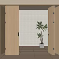 Modern Wooden Folding Doors Open to Reveal Bright Space With Window and Potted Plant