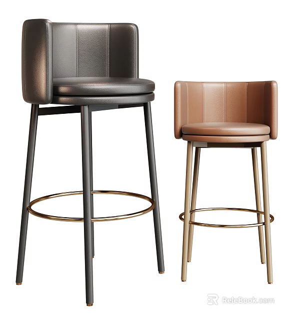 Modern Leather Bar Stools With Black Brown Backrests Metal Circular Base Design 3d model 