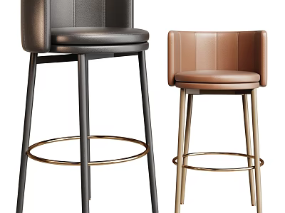 Modern Leather Bar Stools With Black Brown Backrests Metal Circular Base Design 3d model