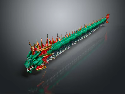 Long Decorative Dragon Sculpture With Green Body Red Spikes And Detailed Scales Design 3d model