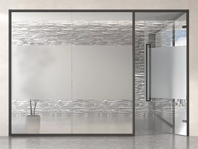 Modern Interior Design With Glass Partition Stone Wall Texture Transparent Door And White Pot Plant 3d model