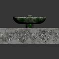Decorative Square Fountain with Ornate Carved Base Circular Green Water Basin and Gray Stone Pedestal