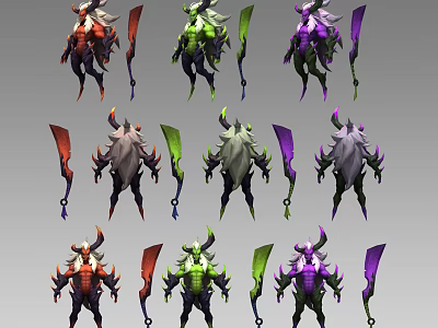 Multiple Colored Character Creature Designs With Horns And Blades In Various Color Variants 3d model