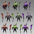 Multiple Colored Character Creature Designs With Horns And Blades In Various Color Variants