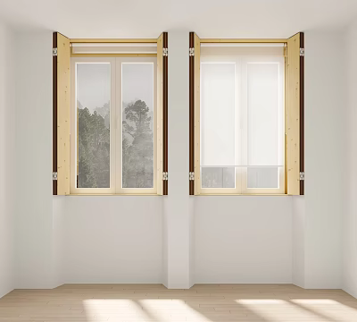 Wooden Frame Casement Windows In White Wall Interior With Natural Tree View 3d model