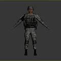 Man in Military Camouflage Uniform Wearing Helmet and Tactical Vest Isolated on Gray Background