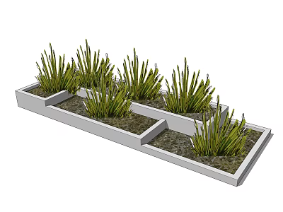 Modern White Flower Bed Planters With Green Grass Plants And Pebble Filling 3d model