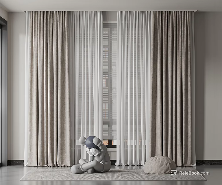 Elegant Modern Living Room Interior With Beige Double Layer Sheer Curtains 3d model 