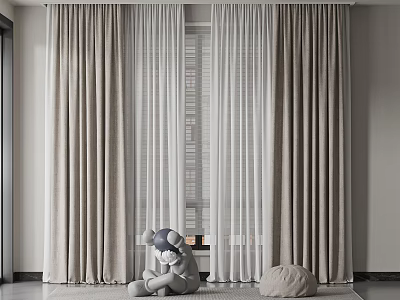 Elegant Modern Living Room Interior With Beige Double Layer Sheer Curtains 3d model