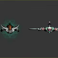 Two Sci Fi Characters Green Robot And Purple Pink Figure With Ringed Staff Standing
