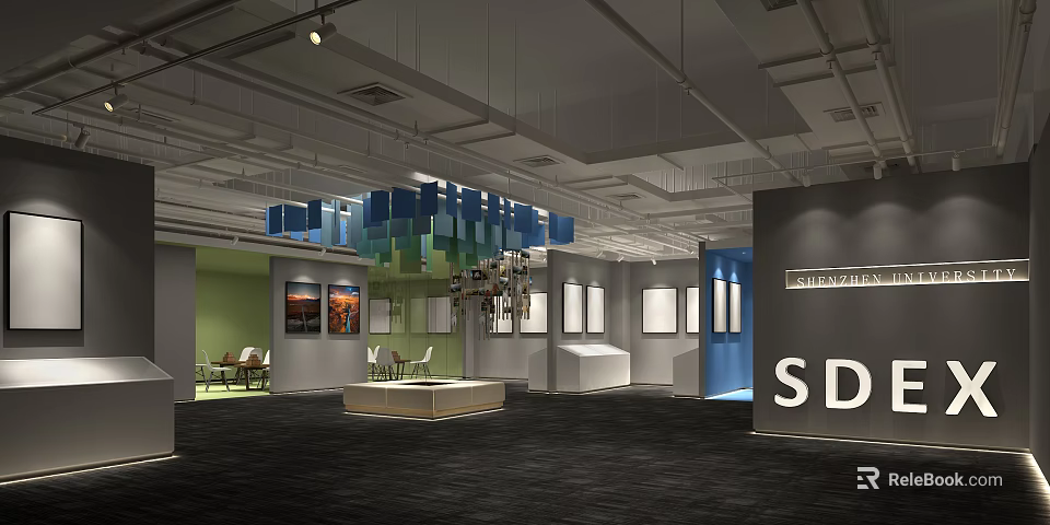Modern Exhibition Hall Interior With Colorful Cube Installation And Display Tables 3d model 