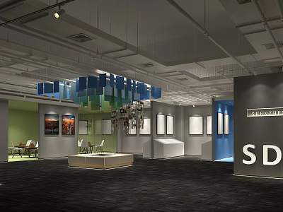Modern Exhibition Hall Interior With Colorful Cube Installation And Display Tables 3d model