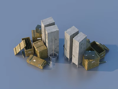 Gray Concrete Blocks Yellow Wooden Crates And Silver Metal Bucket Arrangement 3d model