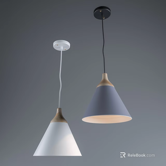 Modern Pendant Lights With Conical Shades Wooden Accents And White Blue Colors On Gray Background 3d model 