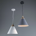 Modern Pendant Lights With Conical Shades Wooden Accents And White Blue Colors On Gray Background