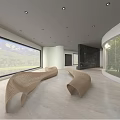 Cultural Center Modern Interior With Green Tree Art Installations And Exhibition Space