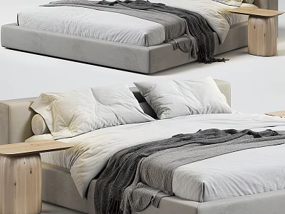 Modern Double Bed Interior Design With Wooden Nightstand Linen Bedding And Gray Blanket 3d model