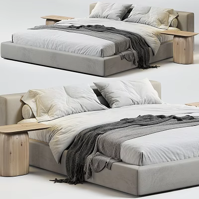 Modern Double Bed Interior Design With Wooden Nightstand Linen Bedding And Gray Blanket 3d model