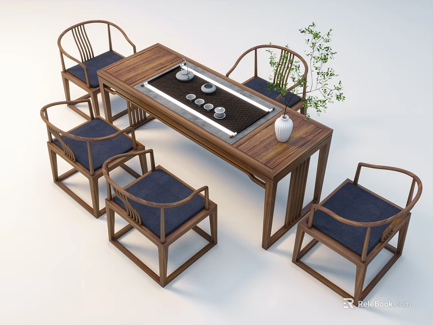 Traditional Chinese Wooden Tea Table and Chairs With Blue Cushions Tea Set And Vase Plants 3d model 