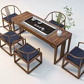 Traditional Chinese Wooden Tea Table and Chairs With Blue Cushions Tea Set And Vase Plants