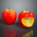 Fresh Juicy Red Apples One Whole And One Bitten On Black Reflective Surface