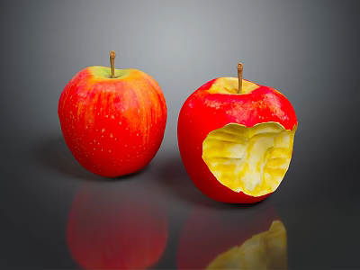 Fresh Juicy Red Apples One Whole And One Bitten On Black Reflective Surface 3d model