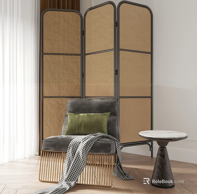 Modern Gray Single Sofa With Green Cushion Rattan Screen And Side Table Interior 3d model