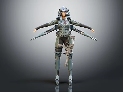 Futuristic Sci Fi Warrior Character In Mechanical Armor With Multi Arm Design And Weapon 3d model