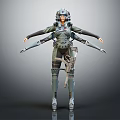 Futuristic Sci Fi Warrior Character In Mechanical Armor With Multi Arm Design And Weapon 3d model