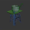 Rusty Metal Bucket Placed On Old Weathered Metal Stand With Ladder