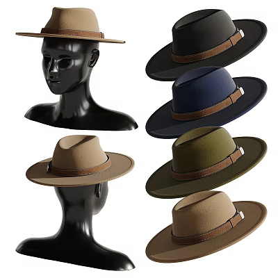 Stylish Wide Brimmed Hats In Various Colors With Brown Bands On Black Mannequin Heads 3d model