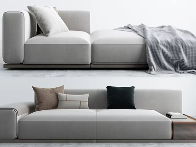 Modern Sectional Sofa In Living Room With Light Gray Upholstery Decorative Pillows And Throw Blanket 3d model