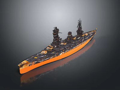 Detailed Battleship Model Watercraft With Orange Hull Black Superstructure And Turrets 3d model
